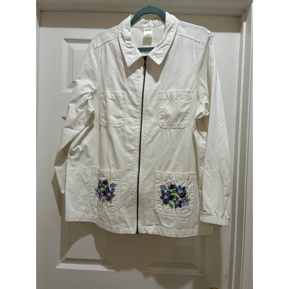BLAIR Women's Large Classic White Cotton Zip Jacket Embroidered Floral Pockets